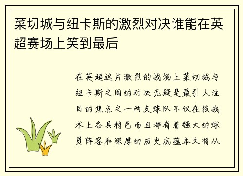 菜切城与纽卡斯的激烈对决谁能在英超赛场上笑到最后