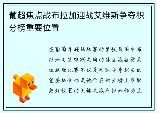 葡超焦点战布拉加迎战艾维斯争夺积分榜重要位置