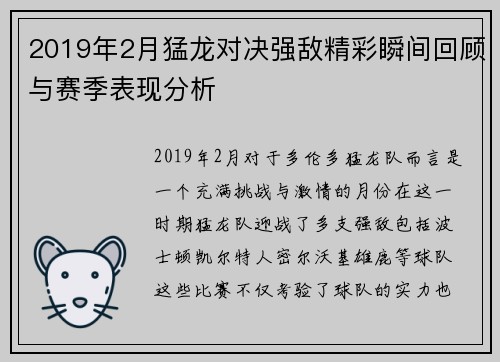 2019年2月猛龙对决强敌精彩瞬间回顾与赛季表现分析