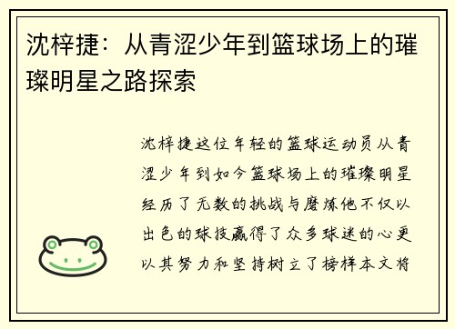 沈梓捷：从青涩少年到篮球场上的璀璨明星之路探索
