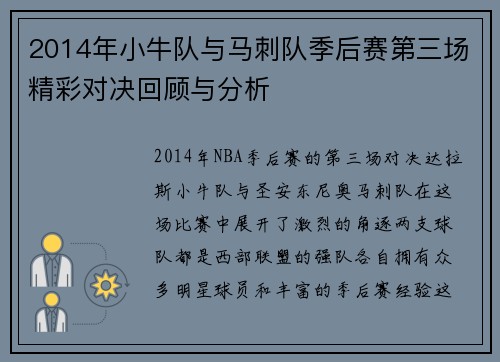 2014年小牛队与马刺队季后赛第三场精彩对决回顾与分析