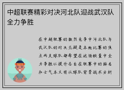 中超联赛精彩对决河北队迎战武汉队全力争胜