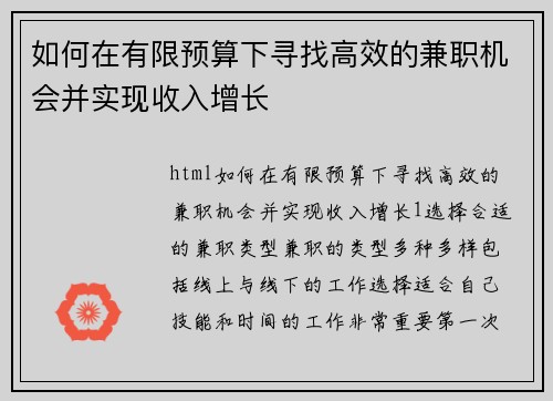 如何在有限预算下寻找高效的兼职机会并实现收入增长