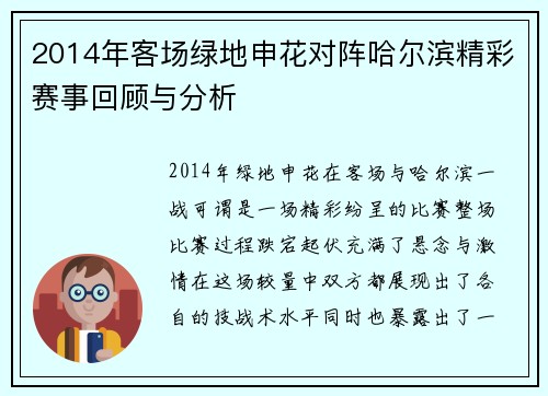2014年客场绿地申花对阵哈尔滨精彩赛事回顾与分析