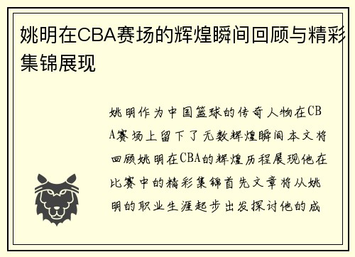 姚明在CBA赛场的辉煌瞬间回顾与精彩集锦展现