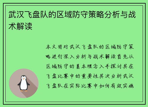 武汉飞盘队的区域防守策略分析与战术解读