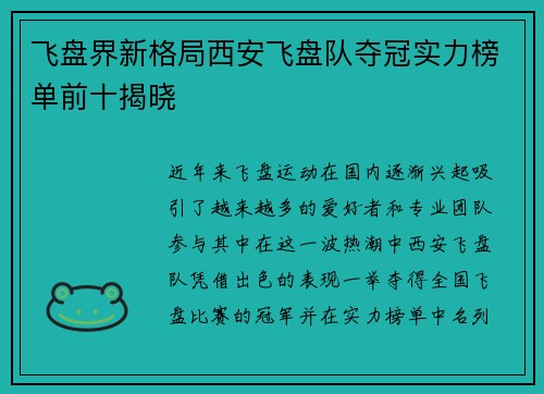 飞盘界新格局西安飞盘队夺冠实力榜单前十揭晓