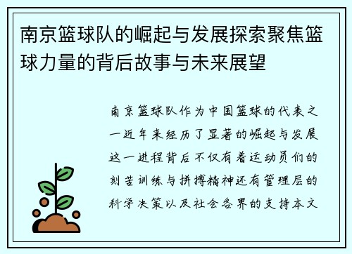 南京篮球队的崛起与发展探索聚焦篮球力量的背后故事与未来展望