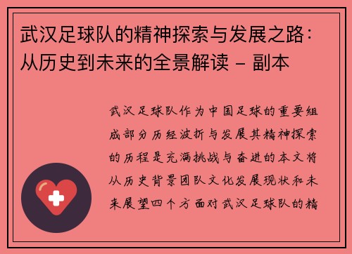 武汉足球队的精神探索与发展之路：从历史到未来的全景解读 - 副本