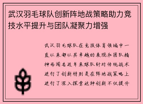 武汉羽毛球队创新阵地战策略助力竞技水平提升与团队凝聚力增强